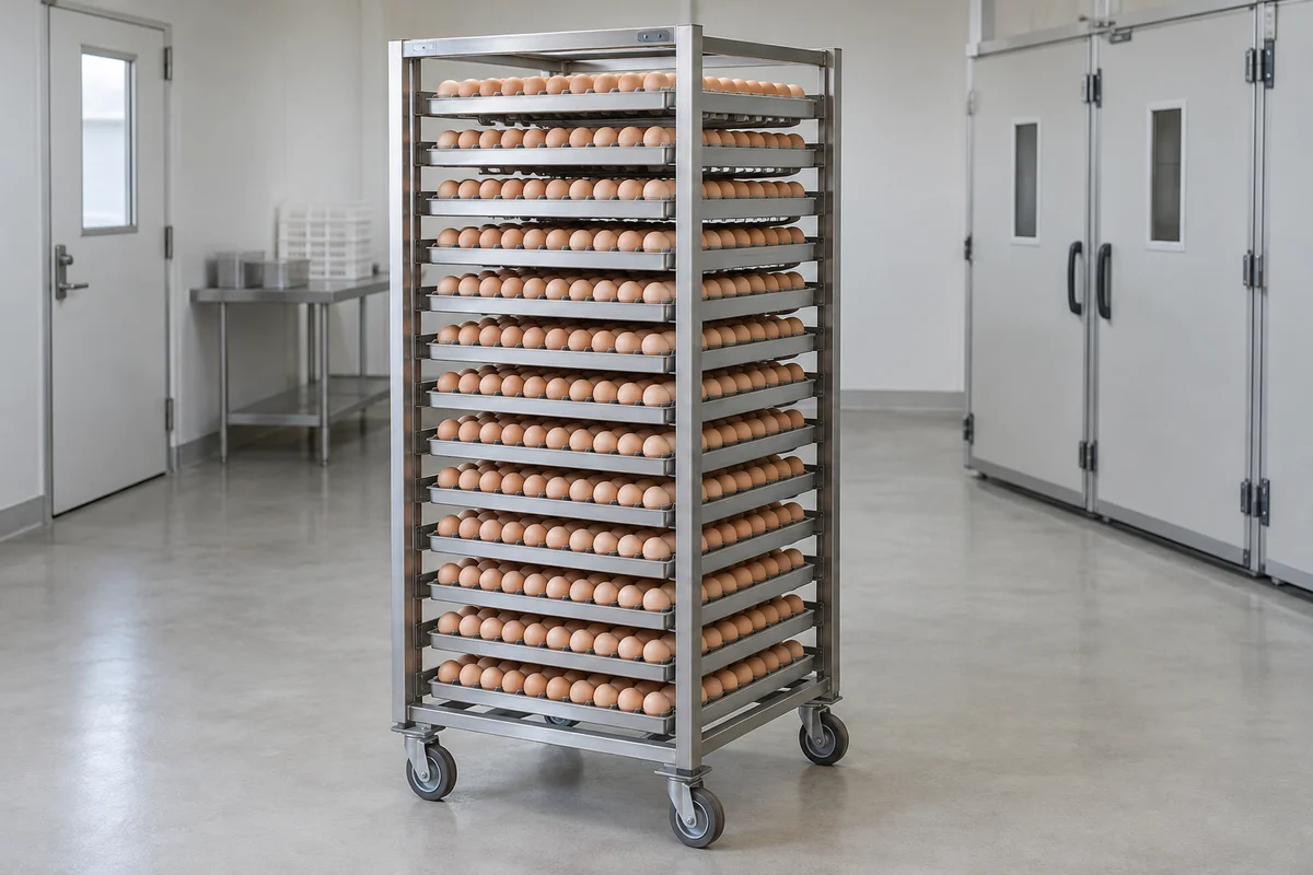Imagen ilustrativa de un carro de incubación con bandejas de huevos